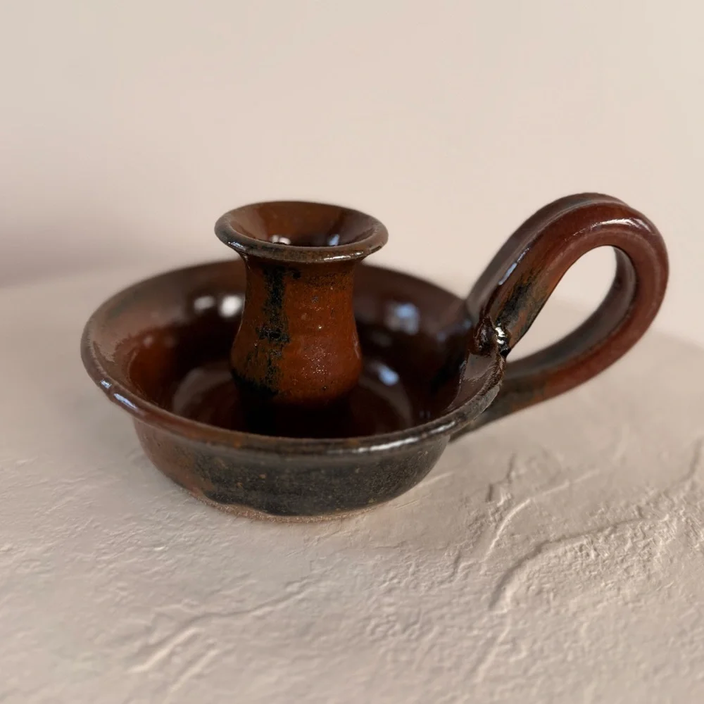 VINTAGE CHAMBER-STICK STUDIO POTTERY CANDLE HOLDER HANDMADE COTTAGECORE BOHO MCM